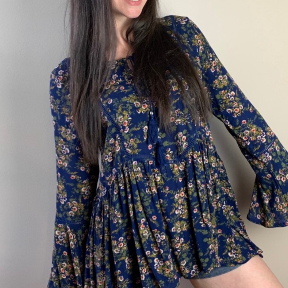 The Giovanna Blouse- navy floral bell peasant top - Picture 3 of 13